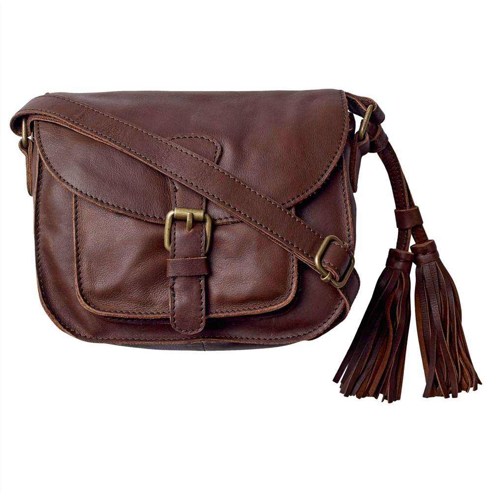 Fat Face Small Leather Saddle Tassel Bag Chocolate Fat Face Handbags