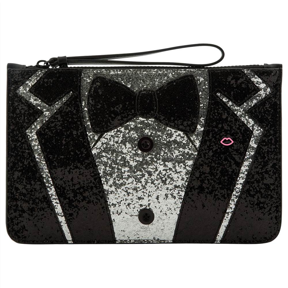 Lulu Guiness Tux Grace Medium Pouch Black/Silver Lulu Guinness Handbags