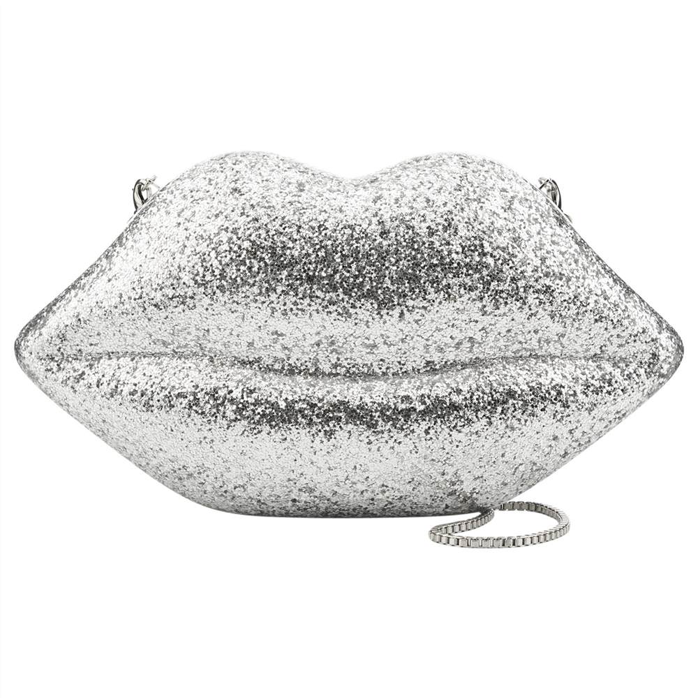 Lulu Guinness Large Perspex Lips Large Clutch Bag Silver Glitter Lulu Guinness Handbags