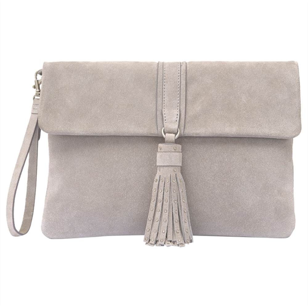 Mint Velvet Belle Suede Stud Tassel Clutch BagLight Grey Mint Velvet Handbags