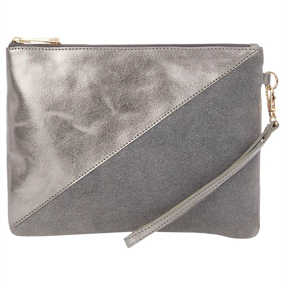 Oasis Fifi Zip Leather Clutch Bag Silver Oasis Handbags