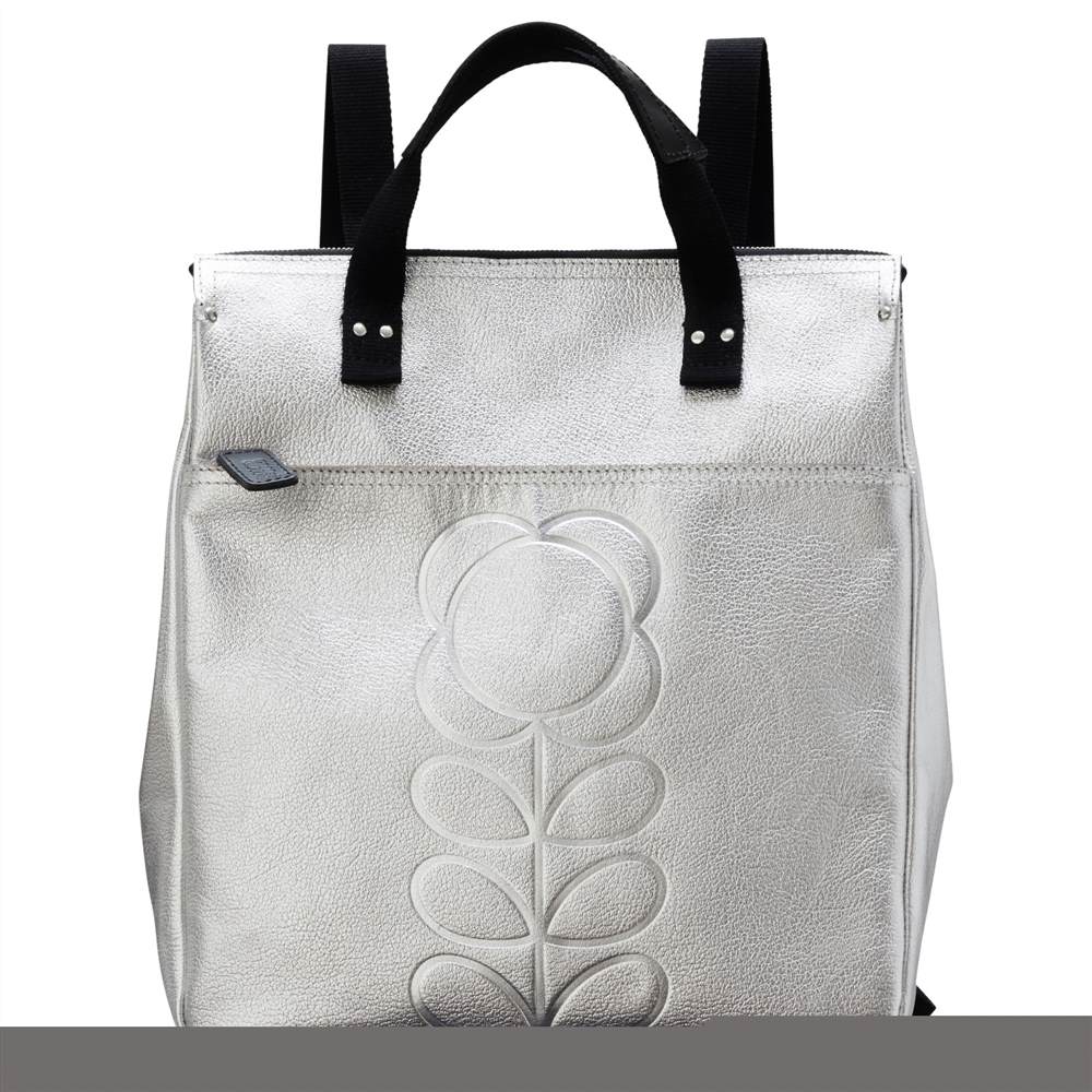 Orla Kiely Embossed Stem Leather Backpack Silver Orla Kiely Handbags