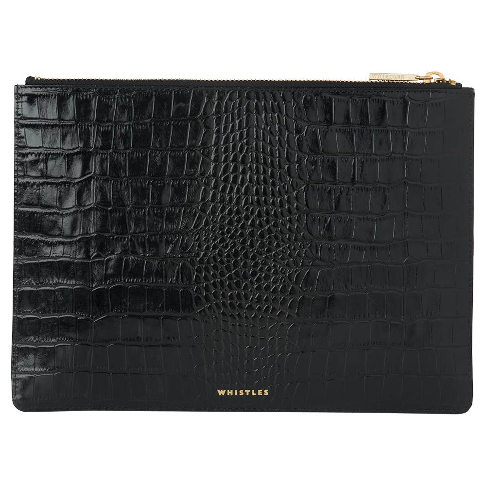 Whistles Shiny Croc Leather Medium Clutch Bag Black Whistles Handbags