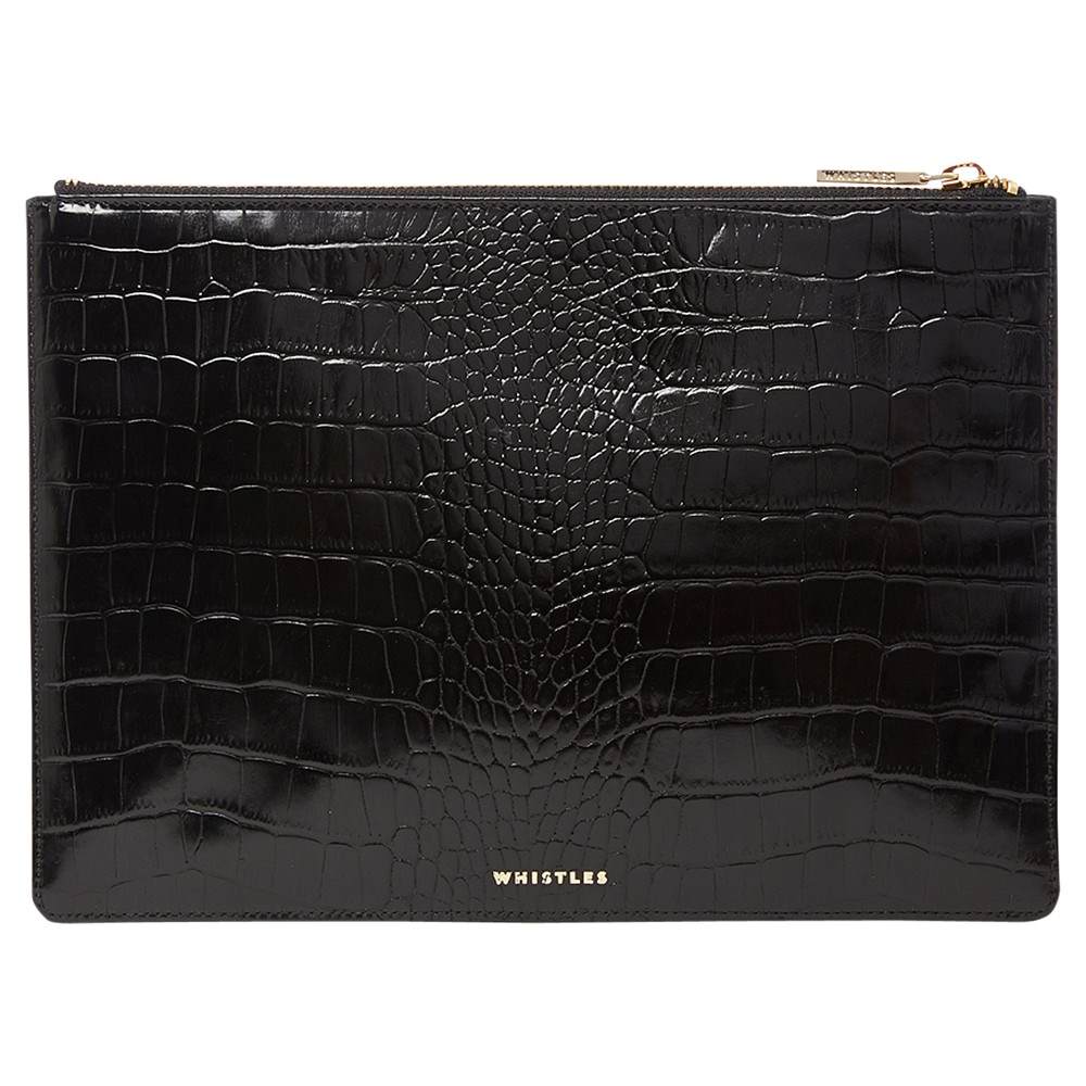 Whistles Shiny Croc Leather Medium Clutch Bag Black Whistles Handbags