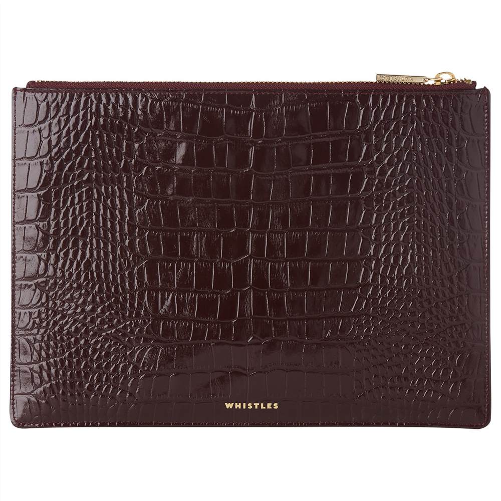 Whistles Shiny Croc Leather Medium Clutch BagBurgundy Whistles Handbags