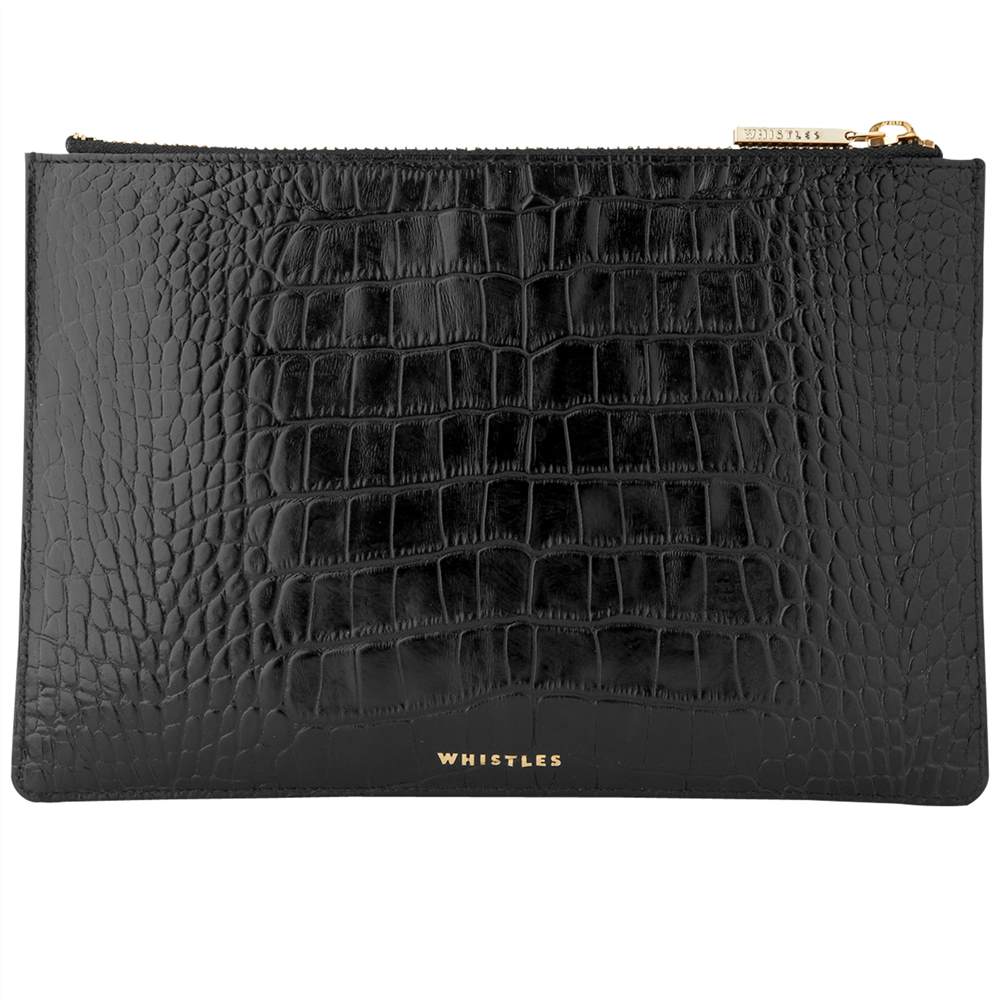 Whistles Shiny Croc Leather Small Clutch Bag Black Whistles Handbags