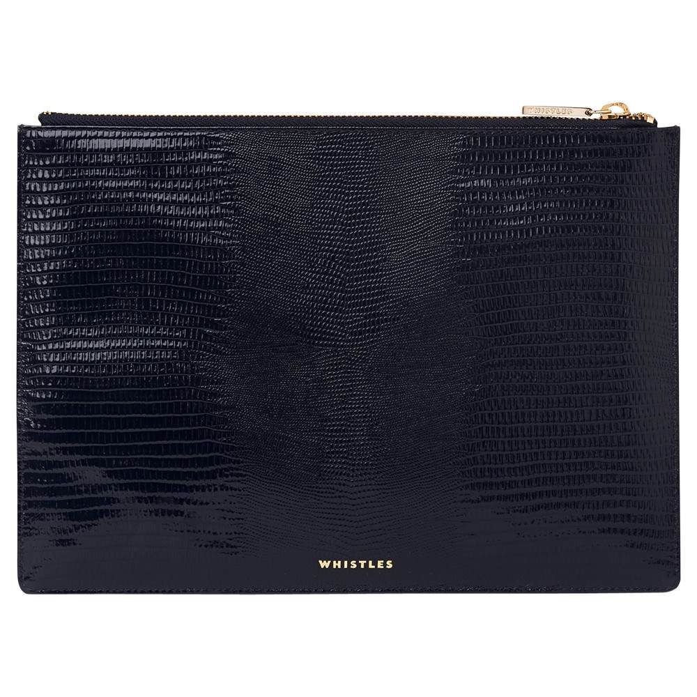 Whistles Shiny Lizard Medium Leather Clutch Bag Navy Whistles Handbags